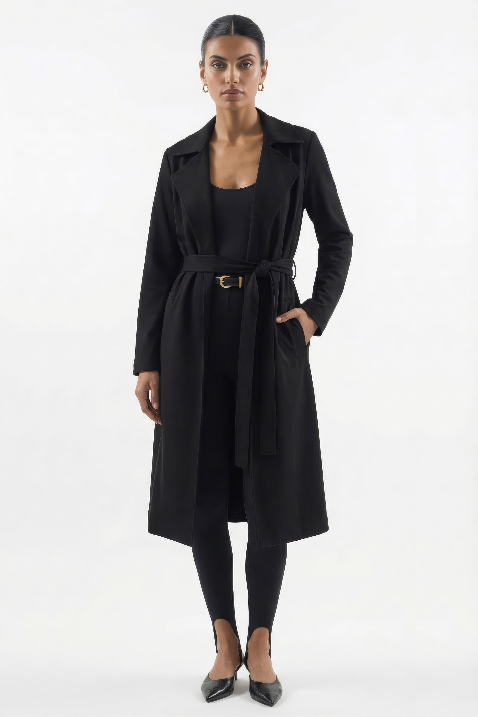 Emfique Meridian Knit Trench Coat front view — luxury EMF shielding Jacket for women