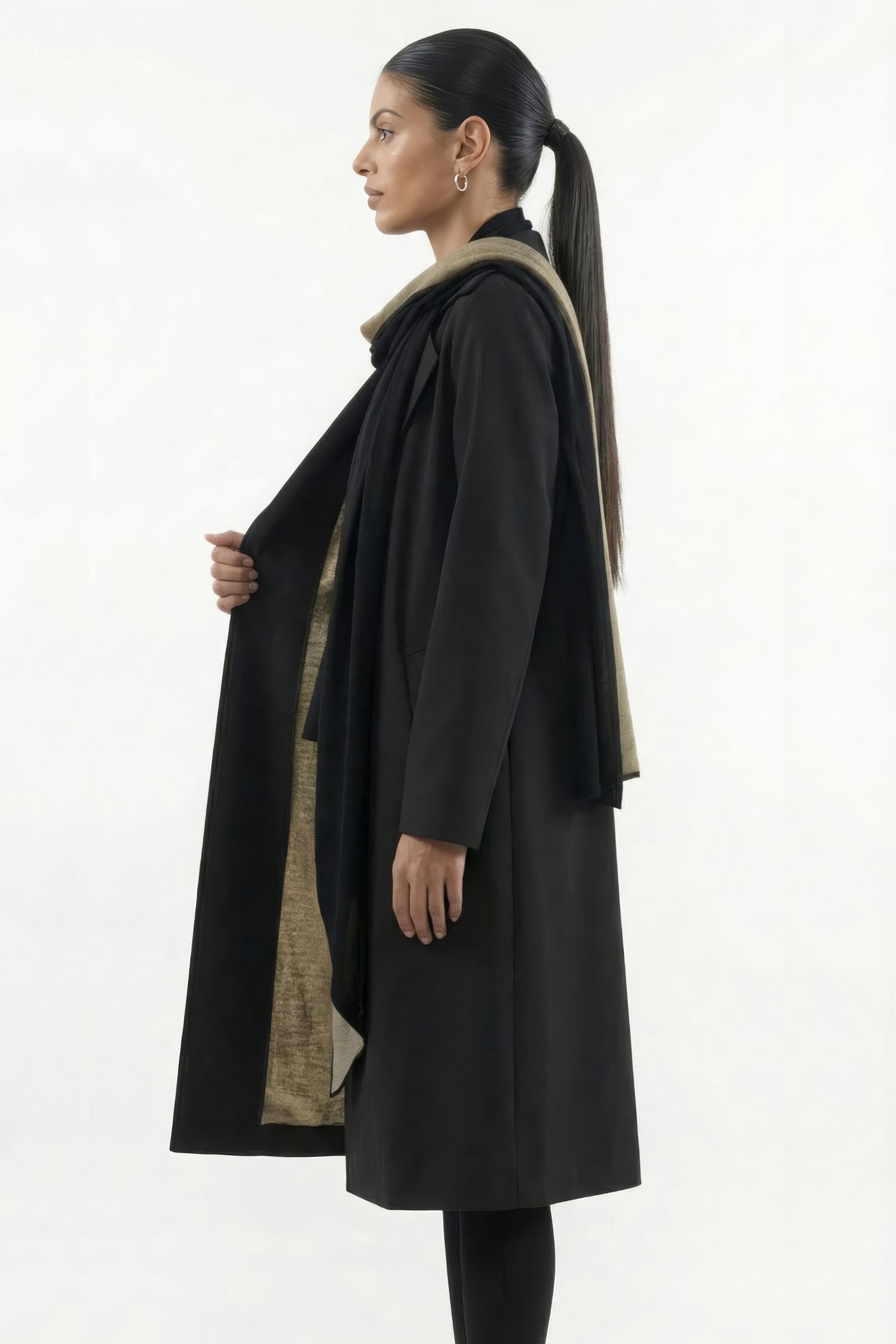 Meridian Knit Trench Coat detail shot — EMF protective clothing 