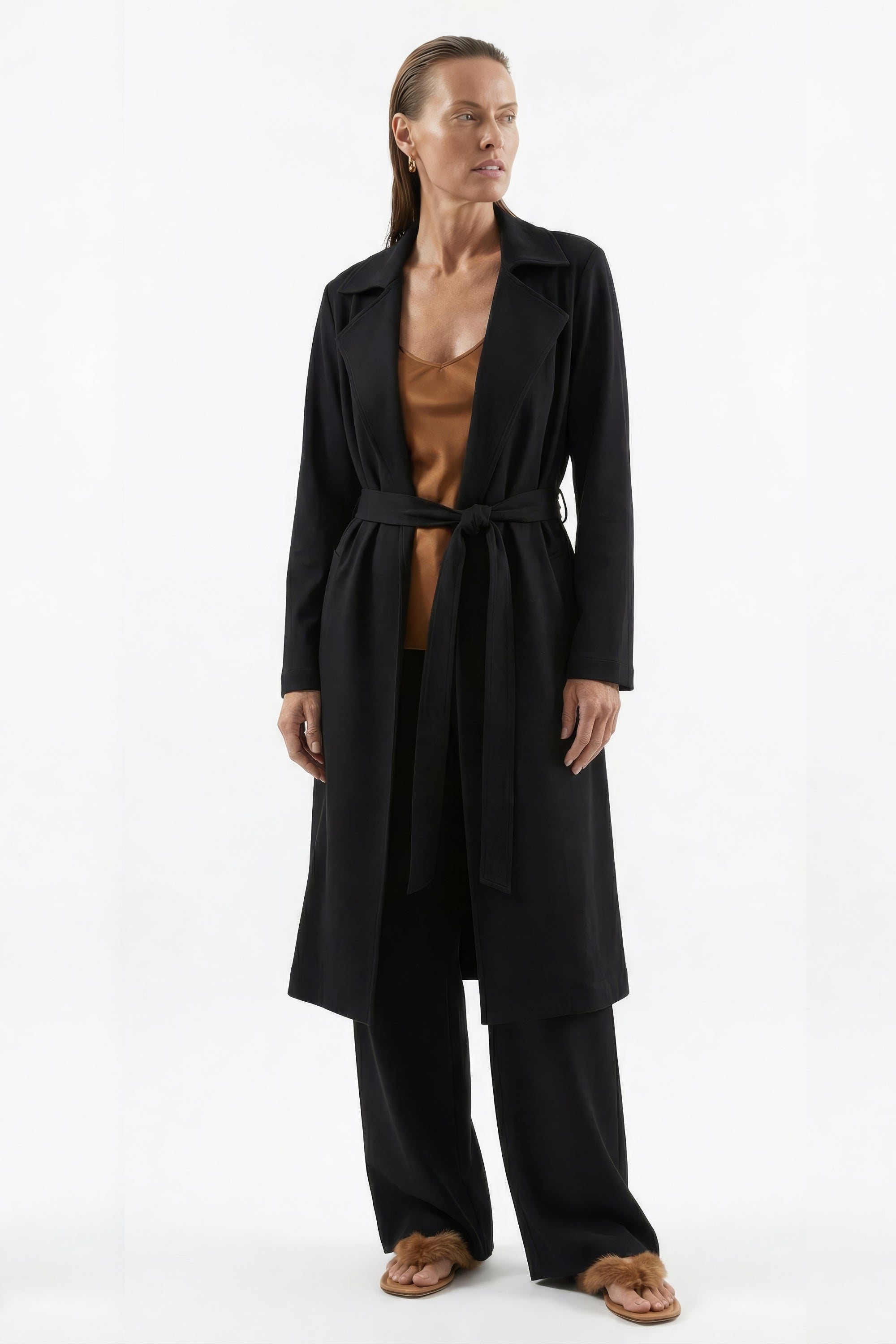 Model wearing Emfique Meridian Knit Trench - wearable wellness fashion
