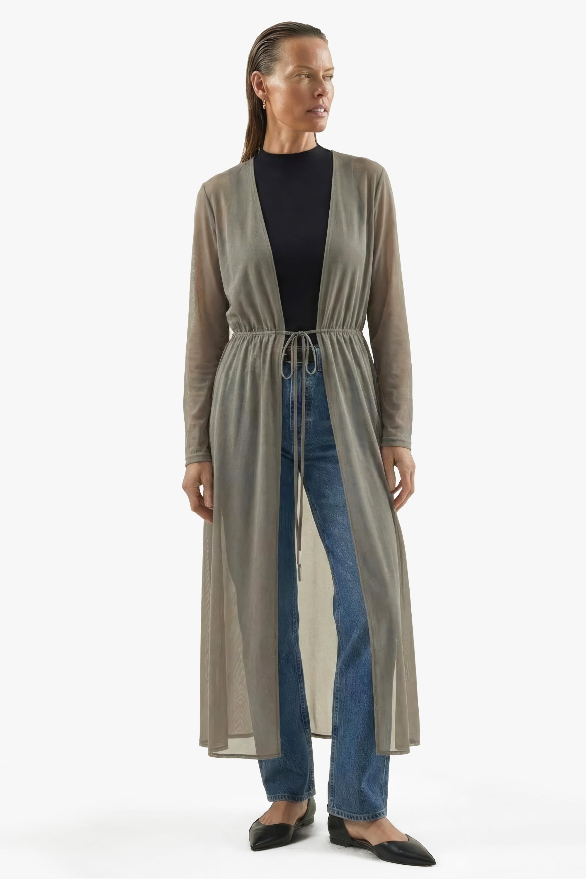 Silver Veil Cover Up draped view — sheer EMF shielding clothing by Emfique